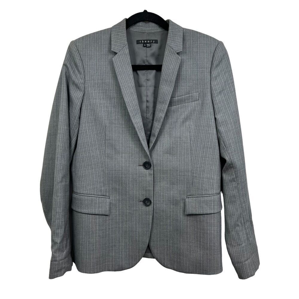 Theory Womens Wool Blend Blazer Suit Gray Pinstripe Two Button Vented Lined 8*